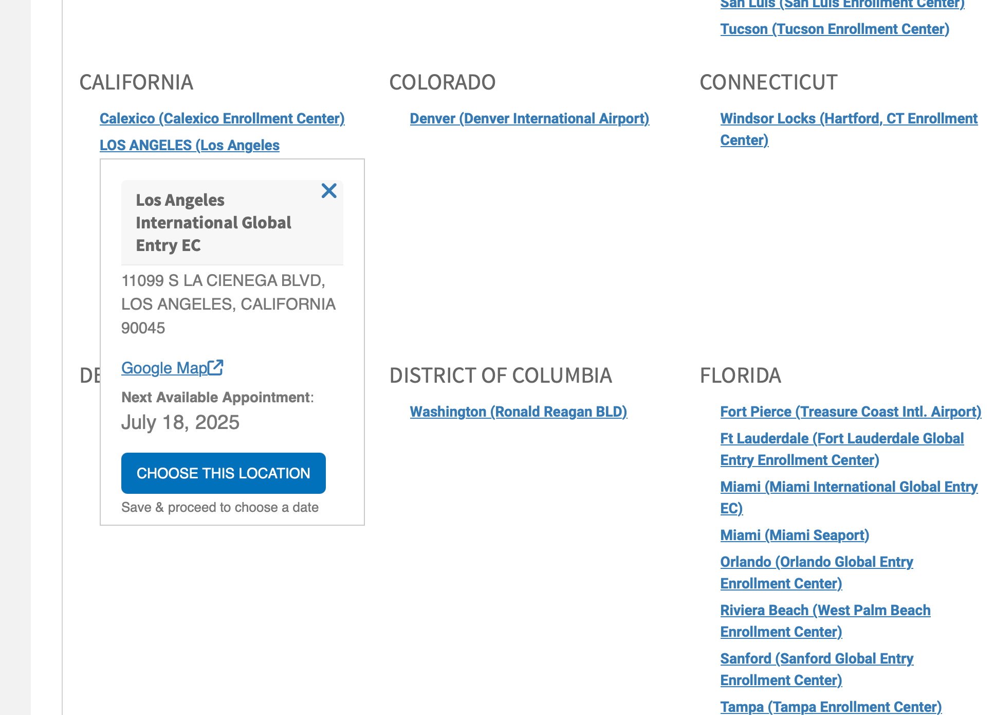Global Entry appointment availability on DHS website for specific states.